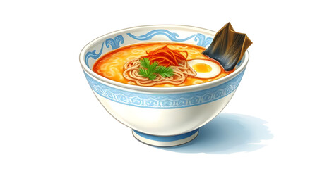 Ramen bowl styled delicate, placed on white background, painted in oil pastel