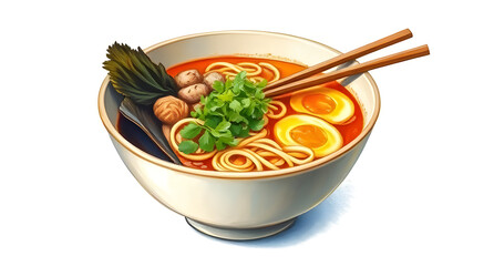 Ramen bowl styled delicate, placed on white background, painted in oil pastel