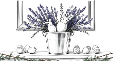 A cozy arrangement of lavender sprigs and glitter dust in metallic bucket for Easter on a festive mantelpiece, sketched in ink