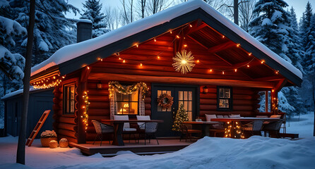 A cozy winter cabin adorned with festive lights creates a warm mood for a holiday gathering