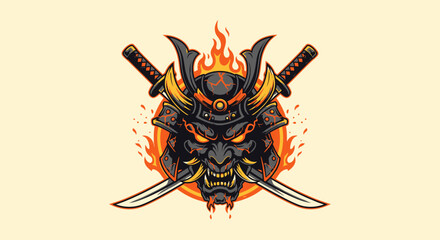 A stylized illustration of a samurai helmet with crossed swords and flames.