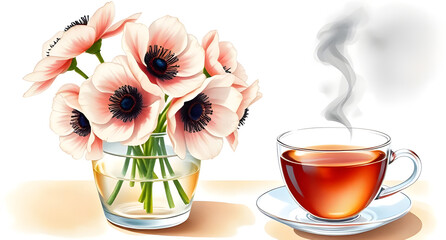 A display of anemones in glass vase, beside a steaming cup of tea, captured painted in watercolor style