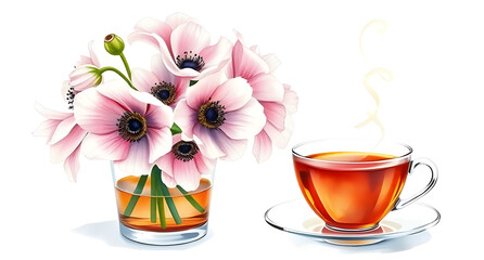A display of anemones in glass vase, beside a steaming cup of tea, captured painted in watercolor style