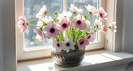 A display of anemones in metal urn, on a sunlit windowsill, captured depicted in pastel chalk