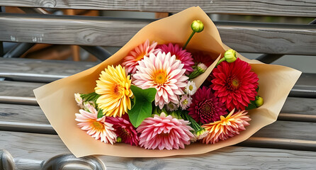 A display of dahlias in craft paper wrap, on a weathered bench, captured depicted in pastel chalk