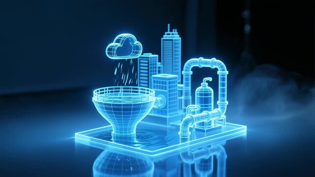 Futuristic smart city hologram wireframe neon blue water system cloud rain pipeline network purifier industrial infrastructure digital model