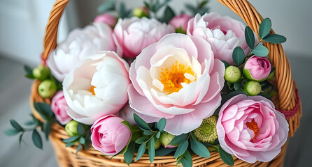 A display of peonies and ranunculus in wicker basket, with eucalyptus accents, captured with soft-focus lens