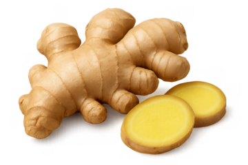 Fresh ginger root and two sliced portions demonstrating its healthy ingredient and spice qualities