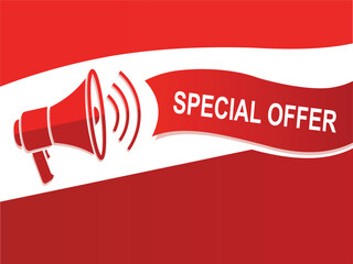 A vibrant red promotional banner featuring a megaphone and the text special offer