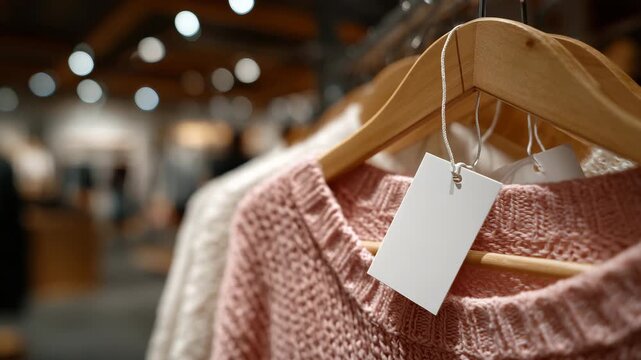 71Close-up of clothing tags attached to garments, soft light reflecting off glossy paper and fabric weave
