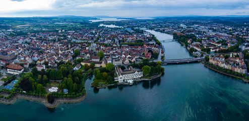 Fototapeta premium Aerial panorama view around the old town city Konstanz in Germany on a cloudy spring day