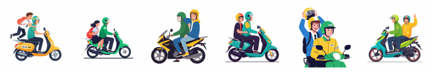 Flat Illustration Set of People Riding Different Types of Motorcycle Transportation