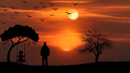 Silhouette of a person and child on a swing at sunset with birds flying