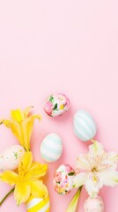 Easter Eggs and Yellow Flowers on Pink Background Flat Lay image photo