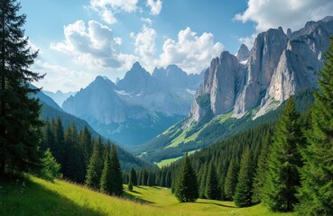 Obraz premium Majestic mountain landscape of Italian Dolomites on sunny day. Green valley with pine forest, meadow. Beautiful nature background for summer travel, hiking, trekking, outdoor adventure. Peaceful