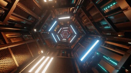 Futuristic metallic tunnel with neon lights - Powered by Adobe