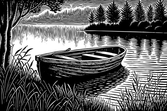 A small wooden rowing boat floats peacefully on a silent mist covered lake at sunrise, surrounded by soft golden light and calm reflective water.