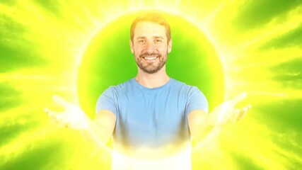 Joyful man radiating positive energy and warmth with open hands