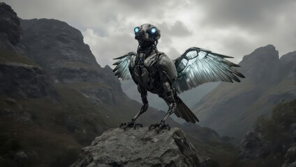 Fototapeta premium Mechanical Bird Perched on Rock in Dramatic Landscape.
