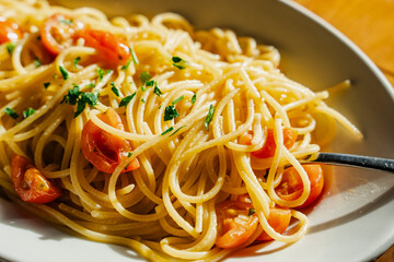 A close-up shot of delicious spaghetti with tomatoes and green seasoning.