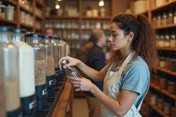 A young woman opens a reusable container to fill with loose grains at a store, with wooden shelves and glass jars in the background.