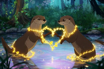 Two otters forming a heart in water.