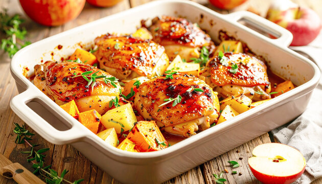 Apple cider glazed chicken thighs, with sweet and white potatoes. AI