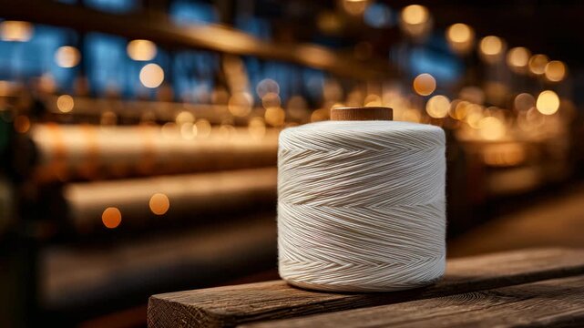 106Macro shot of fine cotton threads wrapped around a wooden bobbin, blurred background of textile looms and spinning machines, fibers glowing softly under warm industrial lights, per
