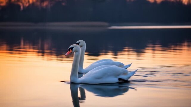 Graceful White Swans Gliding on a Tranquil Lake at Golden Sunset Hours Reflecting Nature's Beauty