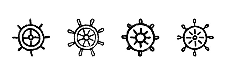 Ship Steering Wheel Line Icon Set In Doodle Style. Nautical Navigation, Maritime Control, And Sailing Direction Outline Sketch Collection. Hand Drawn Isolated Vector Illustration
