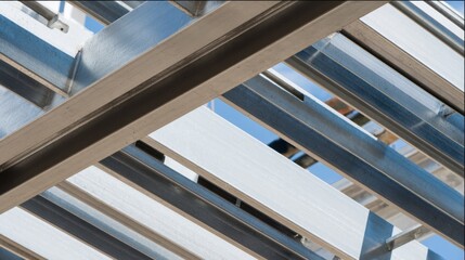 A construction site with steel framework and architectural elements in an industrial setting under natural daylight. real-estate listings.