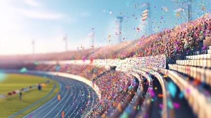 Aerial view of the stadium celebration, with colorful confetti flying in the air. Key visual effects of the event, club posters