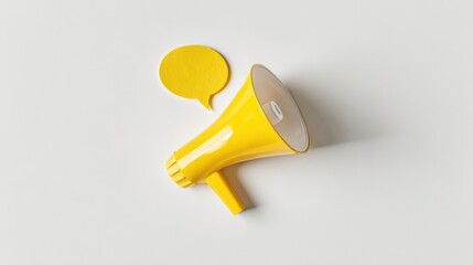 Shiny yellow megaphone with floating speech bubble on white background. event key visuals, club posters, designed for fitness apps and gym onboarding, used by sports marketers.