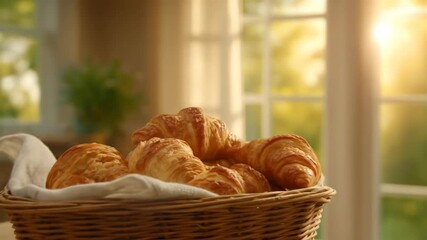 Croissant pastries in basket warm light home baking