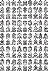 Collection of diverse black and white hand drawn robot icons robots drawing