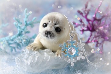 Seal pup holding snowflake ornament in pastel icy setting