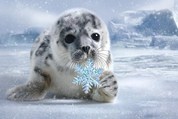 Seal holding a snowflake in icy environment.
