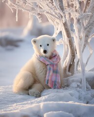 Polar bear cub with pastel scarf near icy tree