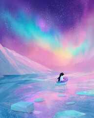 Cute penguin riding pastel sleigh under colorful sky