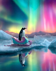 Cute penguin riding pastel sleigh under colorful sky
