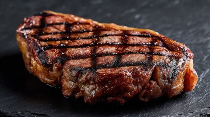 Tender ribeye steak with smoky charred edges and medium doneness, plated on a dark textured surface.