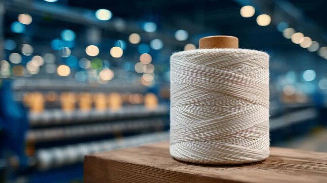 117Precision-focused view of a cotton yarn spool in a spinning mill, soft threads overlapping in complex coils, polished wooden bobbin contrasting with cool steel of industrial backgr