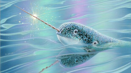 Narwhal carrying glowing star in pastel arctic water.