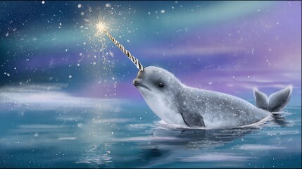 Narwhal carrying glowing star in pastel arctic water.