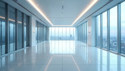 Obraz premium Spacious modern office interior featuring panoramic city views. The image presents an empty room with large windows. This architectural design creates a bright open space for business.