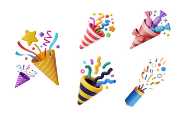 3d party poppers and celebration cones collection isolated on transparent background