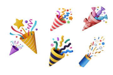 3d party poppers and celebration cones collection isolated on transparent background