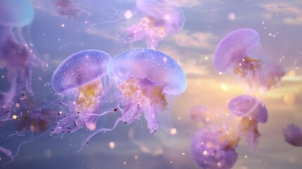 Glowing jellyfish floating like soft lights in pastel ocean