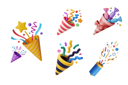 3d party poppers and celebration cones collection isolated on transparent background