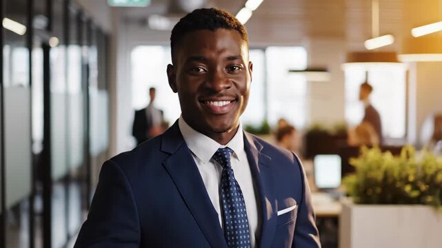 Confident African American professional radiating success in a modern office setting, ready to lead and inspire with a genuine smile